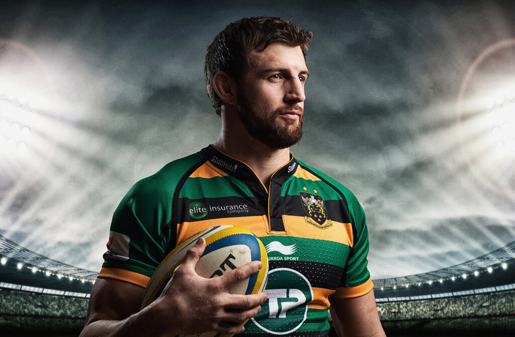 Portrait of Tom Wood, Northampton Saints & England rugby player.